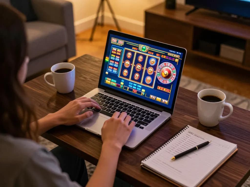 Engaging in an online casino game with open888 on a laptop in a cozy setting.