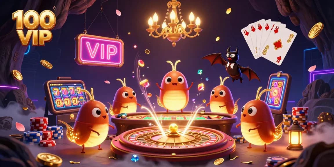 Engage with the vibrant allure of the 100 VIP casino illuminated by glowworms in a magical cave setting.