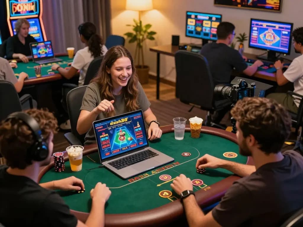 A lively home scene of friends enjoying dash88 gaming on various devices, showcasing excitement and strategic gameplay.