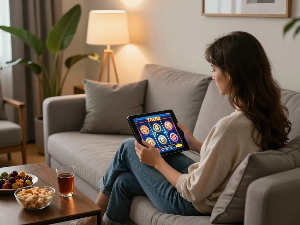 Playing slots on TO188 tablet in cozy home setup with snacks and drinks.