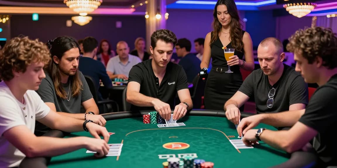 Pemain poker88 bermain di kasino dengan suasana menegangkan dan dekorasi neon yang cerah.