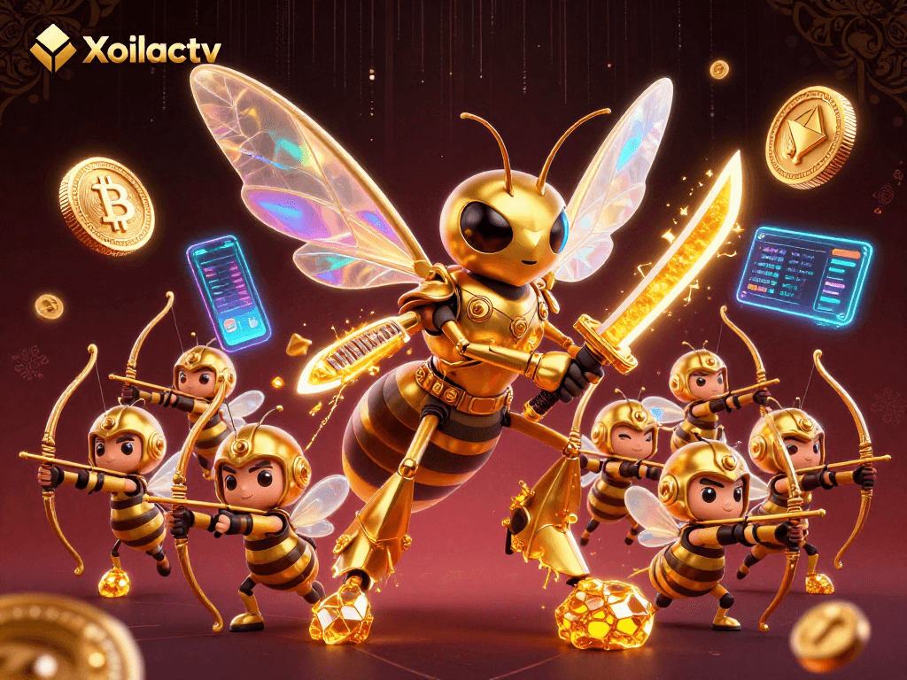Xoilactv presents a thrilling crypto casino scene with bee warriors wielding honey katanas amidst vibrant market elements.