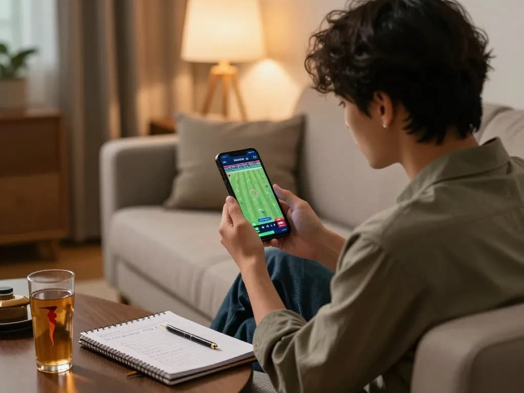 Engaged in sin88 betting, a player strategizes from home with smartphone and notebook.