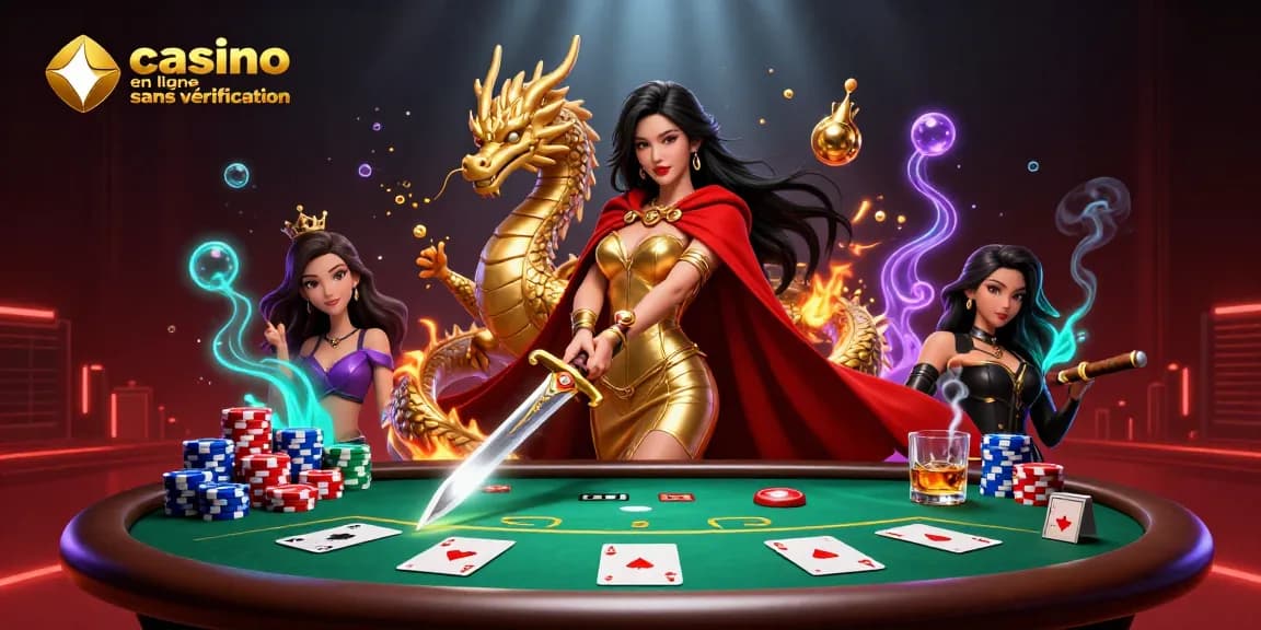 Experience casino en ligne sans vérification with a stunning 3D illustration featuring a warrior queen and poker elements.
