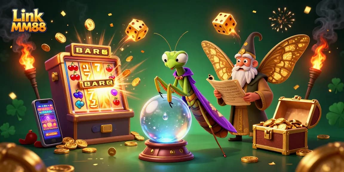Spin to win at Link MM88 with an enchanting 3D casino scene featuring fortune tellers and jackpots.