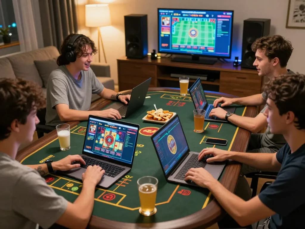 Players enjoying live dealer games on their laptops while engaging with tv 88 betting action in a cozy home atmosphere