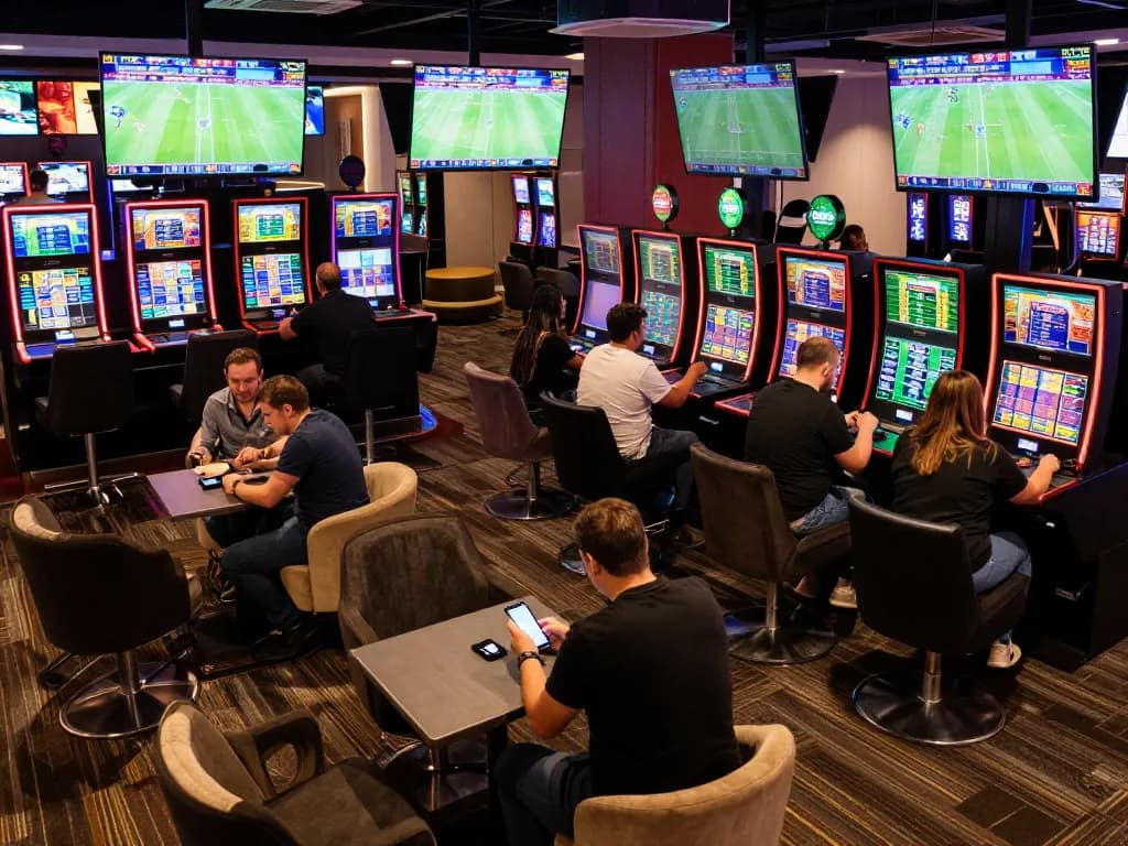 Engaged bettors analyzing odds on keo nha cai 5 at a lively sports lounge, showcasing excitement of live betting.