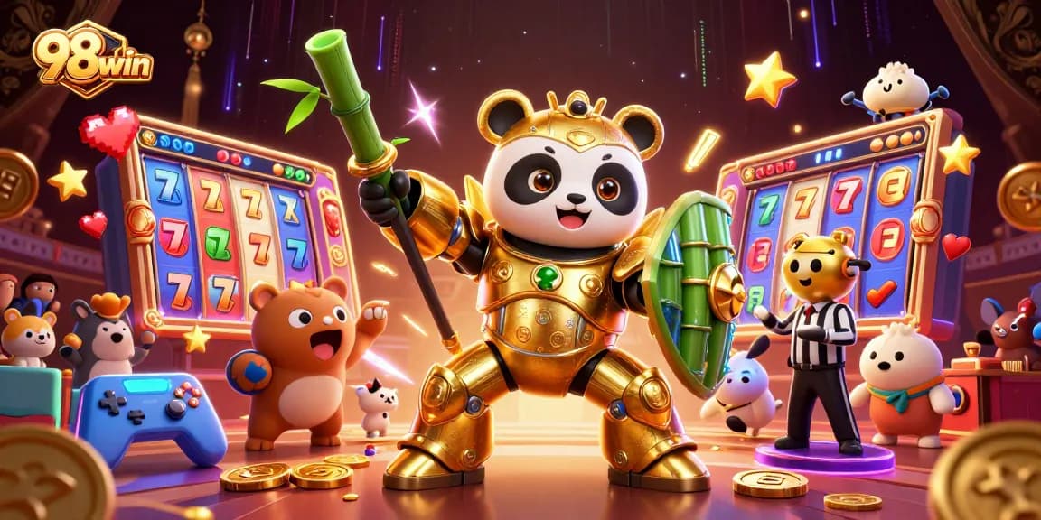 Experience the excitement of 98win with colorful slot games and dynamic characters in a vibrant arena.