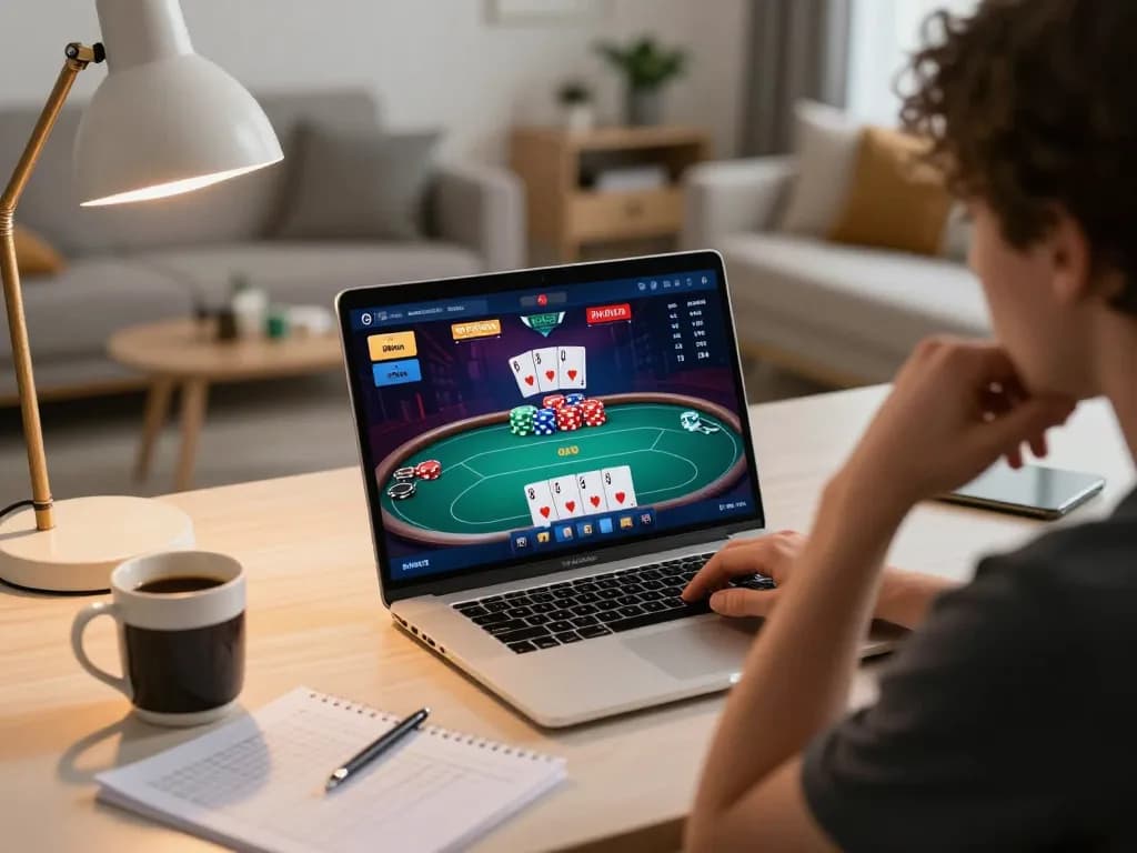 Engaged player strategizing poker on laptop showcasing alarifearchitects home gaming setup.