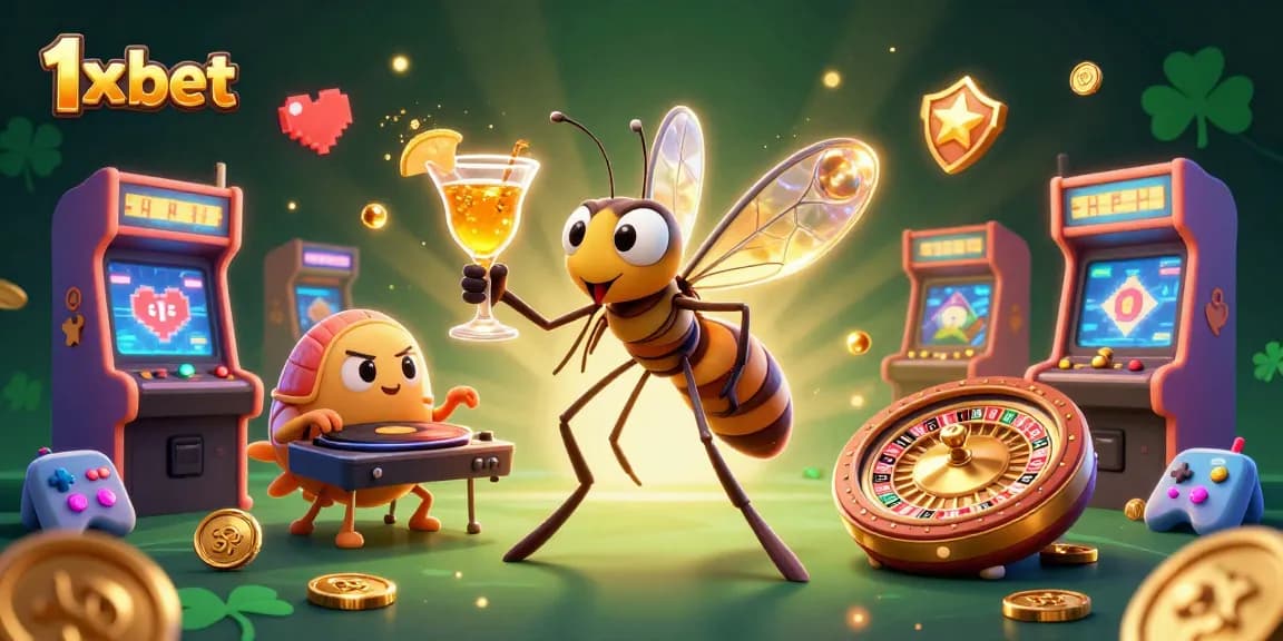 Join the excitement with 1x bet in this dynamic casino scene featuring vibrant characters and gaming elements.