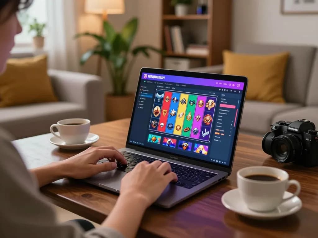 Engaging gameplay on kerajaanslot in a cozy home setup with laptop, coffee, and gaming atmosphere