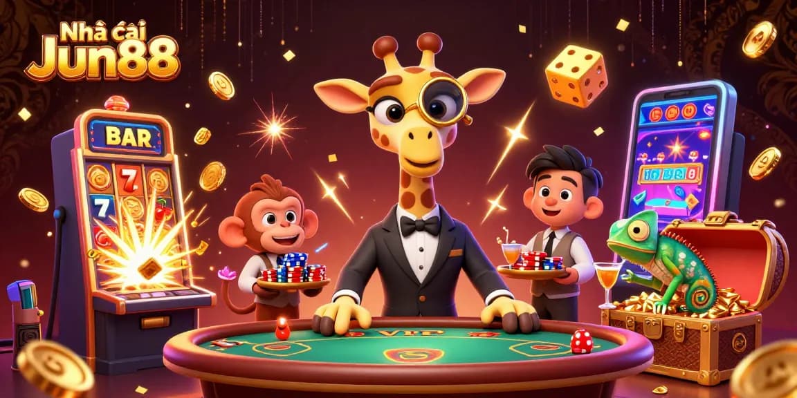 Join the excitement at Nhà cái Jun88 with vibrant 3D casino elements and lively characters.