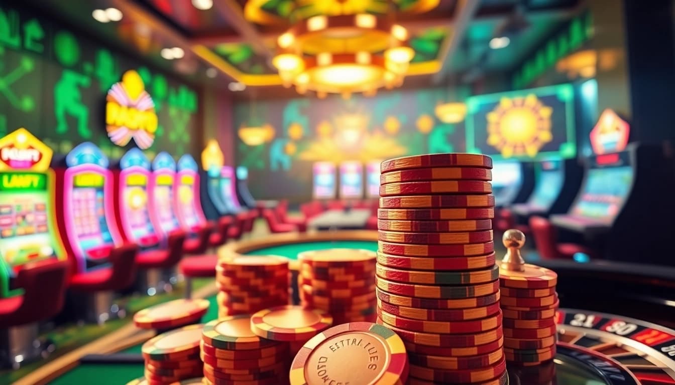 Exciting Online Casino scene featuring vibrant slot machines and poker tables.