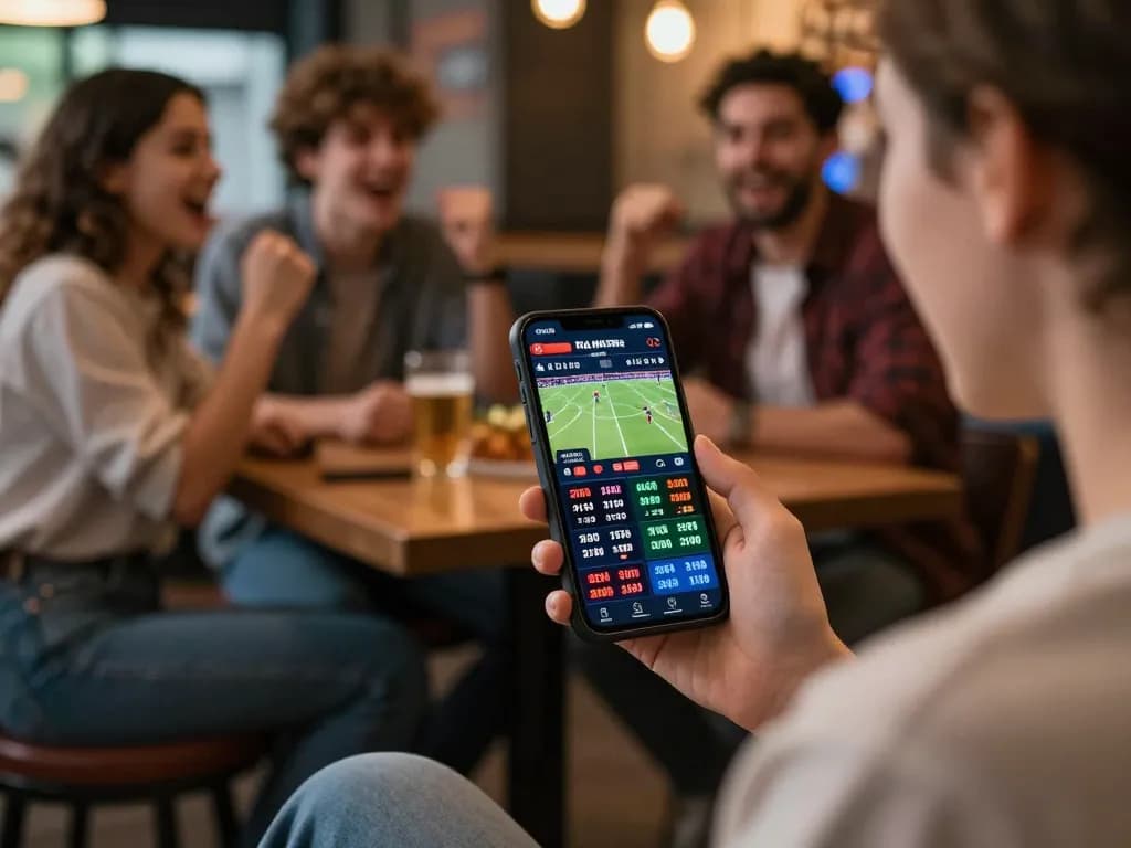 Pengguna yang terlibat sedang memasang taruhan pada olahraga langsung melalui aplikasi SPORT777 di tengah suasana bar olahraga yang hidup.