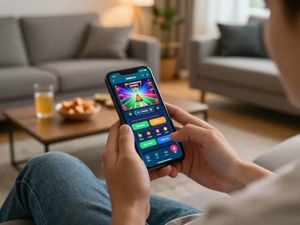 Engaging scene of a player using the Jeetbuzz Download App on a smartphone in a cozy living room.