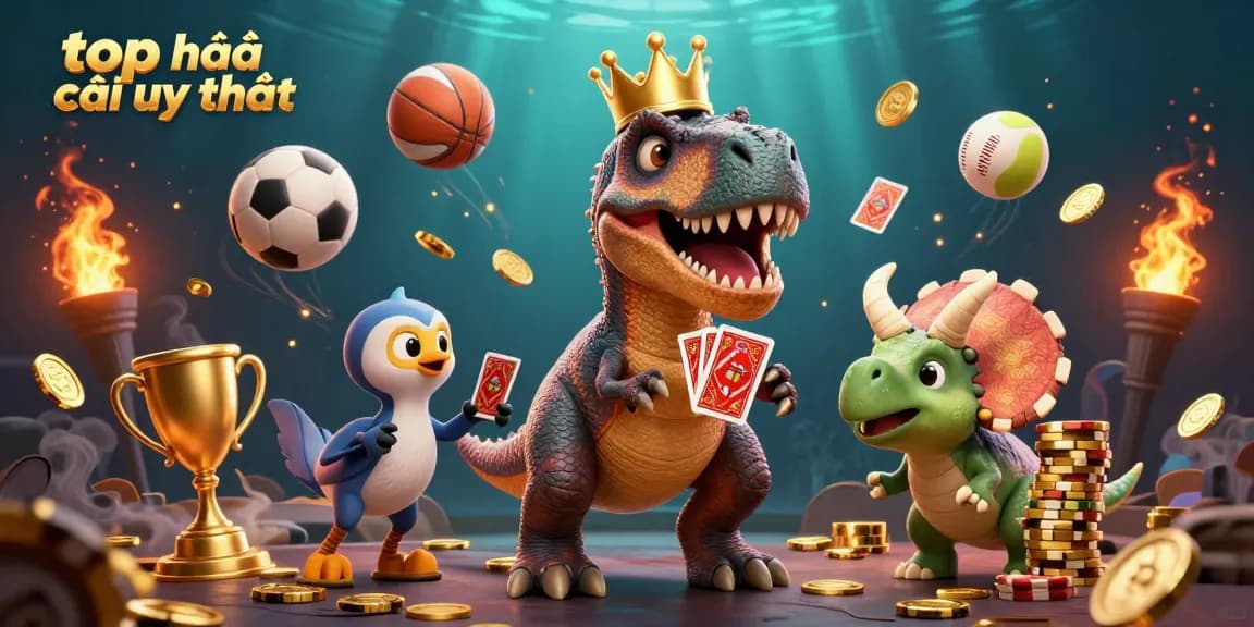 Experience thrilling gameplay with top nhà cái uy tín, featuring a T-Rex and friends in a dynamic casino scene.