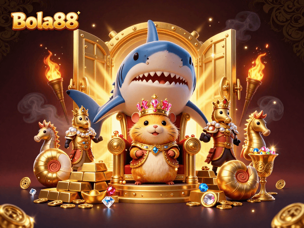Bola88 menghadirkan raja hamster emas yang dikelilingi harta karun di kasino yang megah.