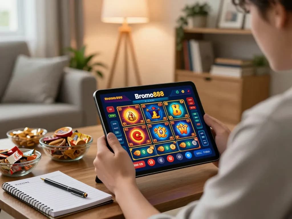 Bromo888 user playing online slots on a tablet in a cozy living room setting.