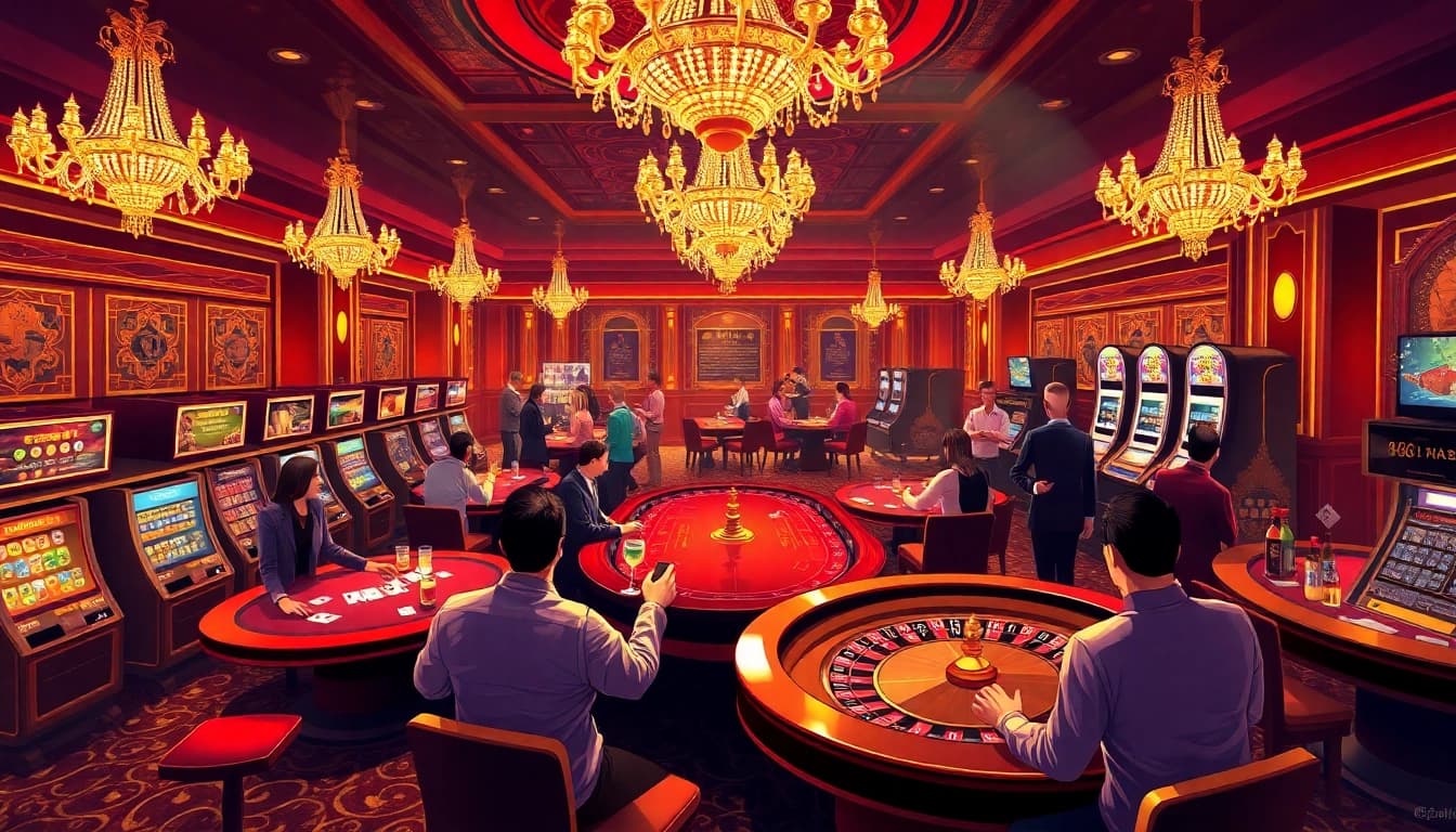 Exciting casino scene featuring bàn cược and vibrant atmosphere of nhà cái 88i with players engaging in action.