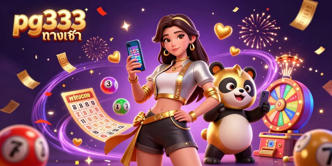 Play pg333 ทางเข้า with an Asian woman enjoying a smartphone casino game and a cheerful panda mascot.
