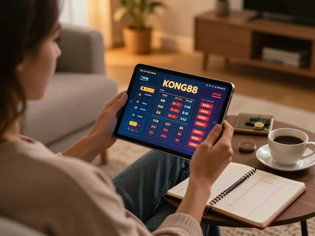 KONG88 player strategically engaging in online casino gaming on a tablet in a cozy setting
