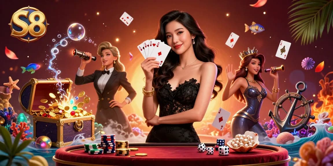 Experience the excitement at S8 with a stunning illustration of a casino-themed scene featuring poker cards and golden chips.