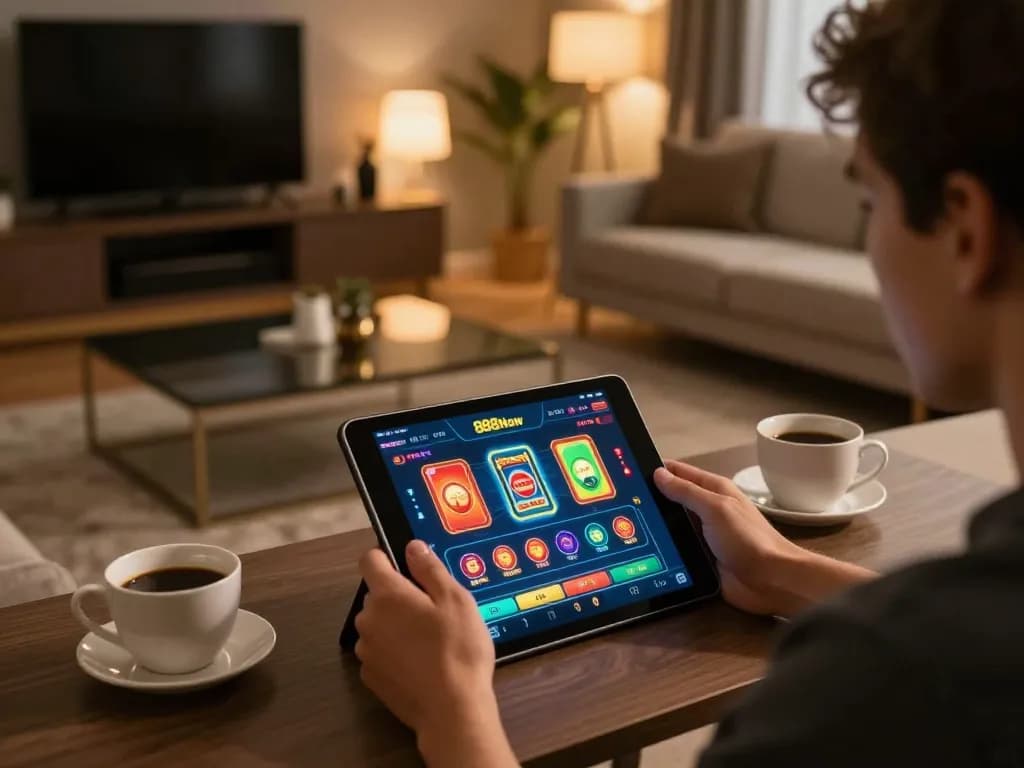 Engaging in strategic gameplay on the 888New casino app from a cozy home setting, showcasing immersive gaming.