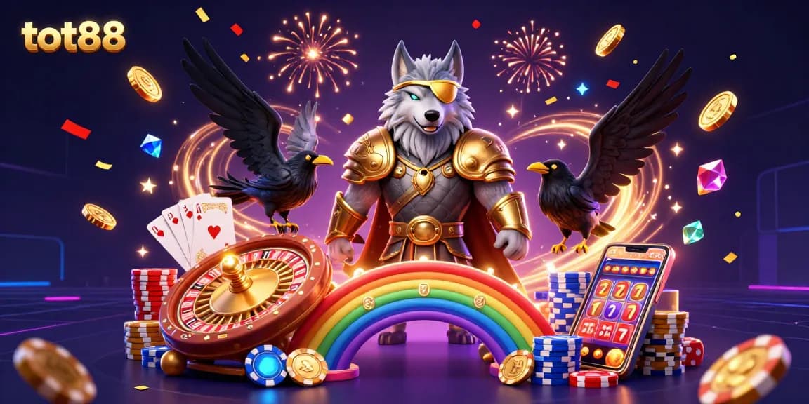 Experience captivating gameplay with tot88, showcasing Odin and his ravens amidst a casino chip rainbow.