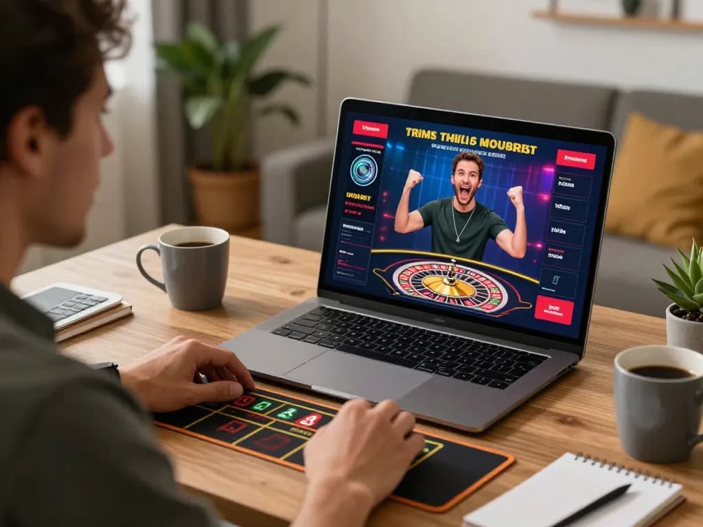 RR88 player enjoying a thrilling roulette experience from home, emphasizing exciting online gambling.