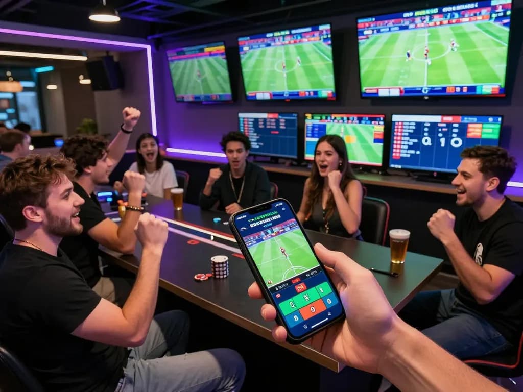 Exciting sports betting at 8xbet with friends cheering while placing bets
