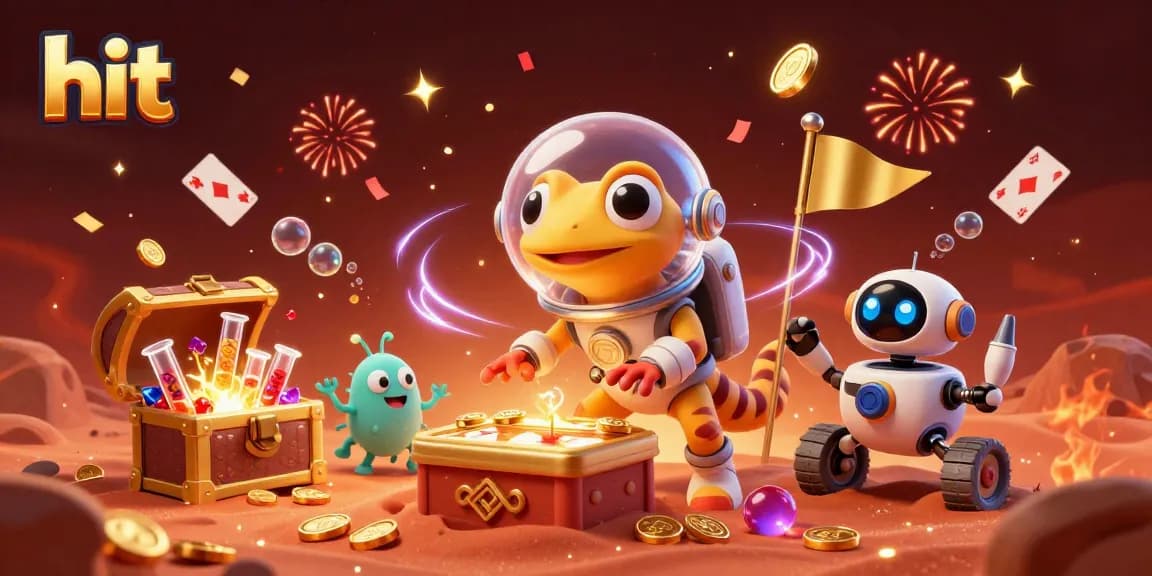 Hit the jackpot with a Martian gecko uncovering a golden casino in this vibrant 3D illustration.