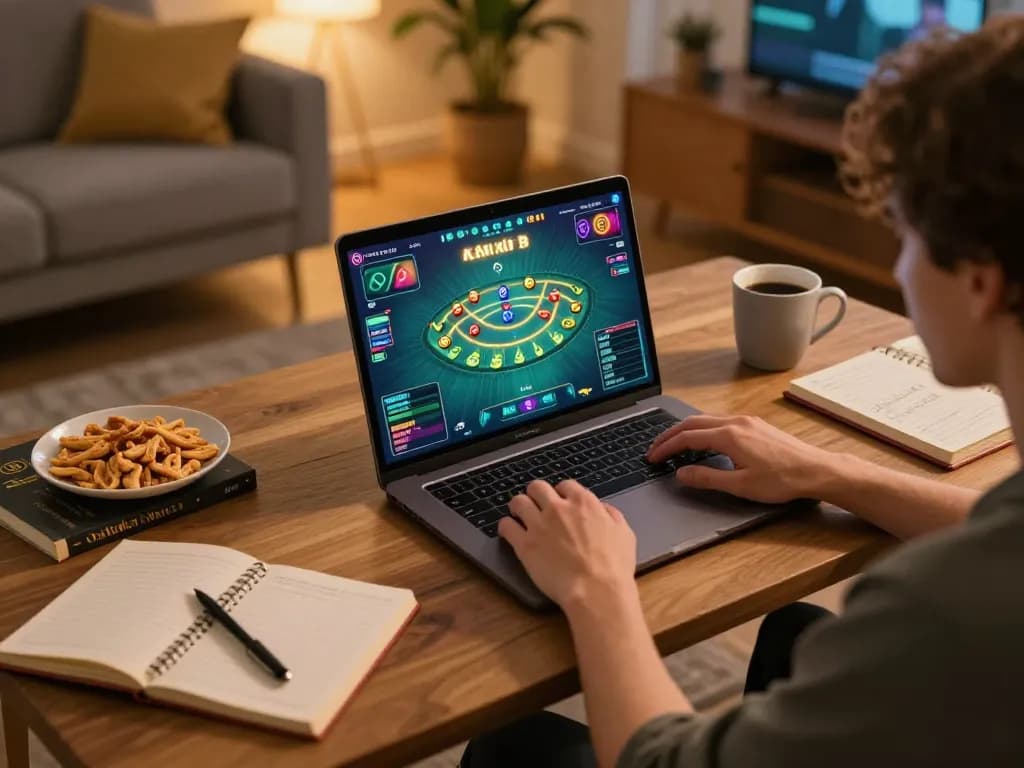 Engaging in a tài xỉu online game on a laptop, showcasing strategic gameplay in a cozy setup