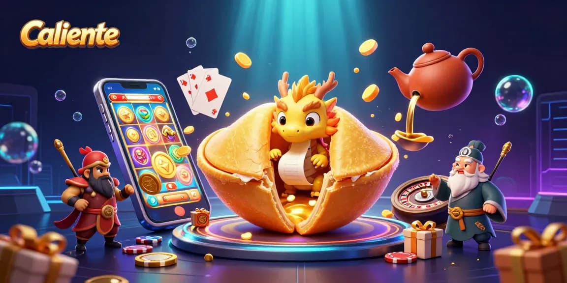 Caliente exhibits a vibrant gaming scene with a golden fortune cookie, dragon, and casino elements, capturing excitement.