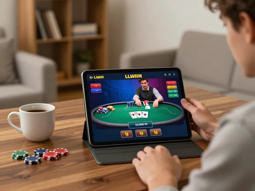 Player engaging with LLWIN casino app on tablet in stylish home setting, illustrating focus and strategy.