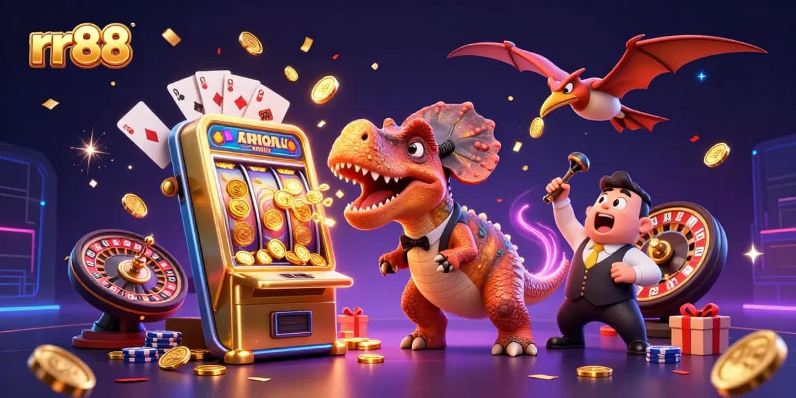 rr88 unleashes excitement with a pachycephalosaurus triggering a slot machine jackpot amidst vibrant casino elements.