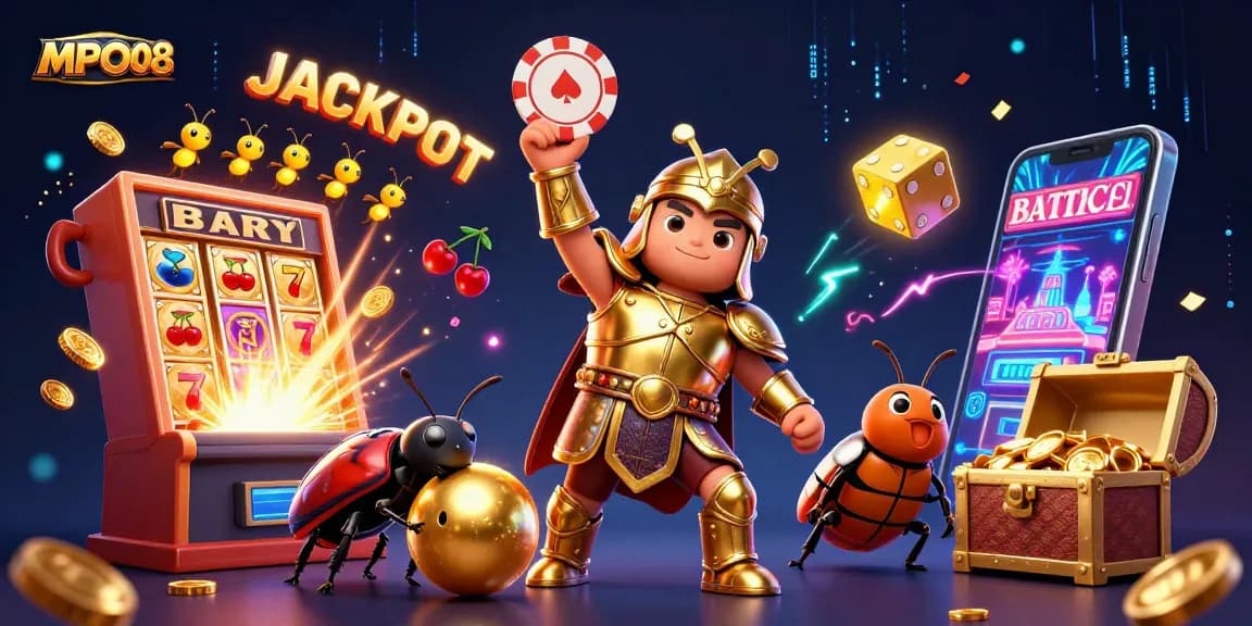 Experience big wins with MPO08 as illustrated by victory beetles in a dazzling casino scene.