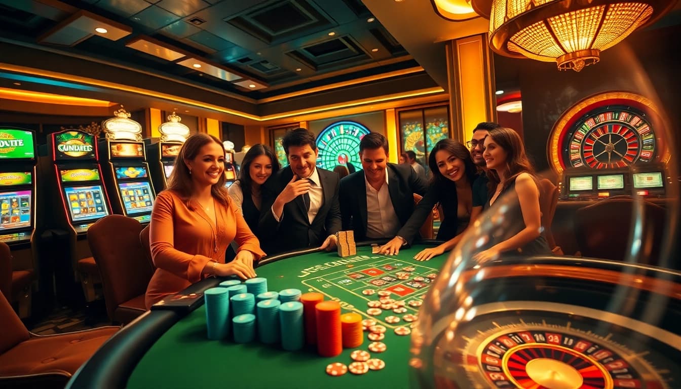 Players engaging in thrilling casino games with HB88 at a luxurious gambling table.