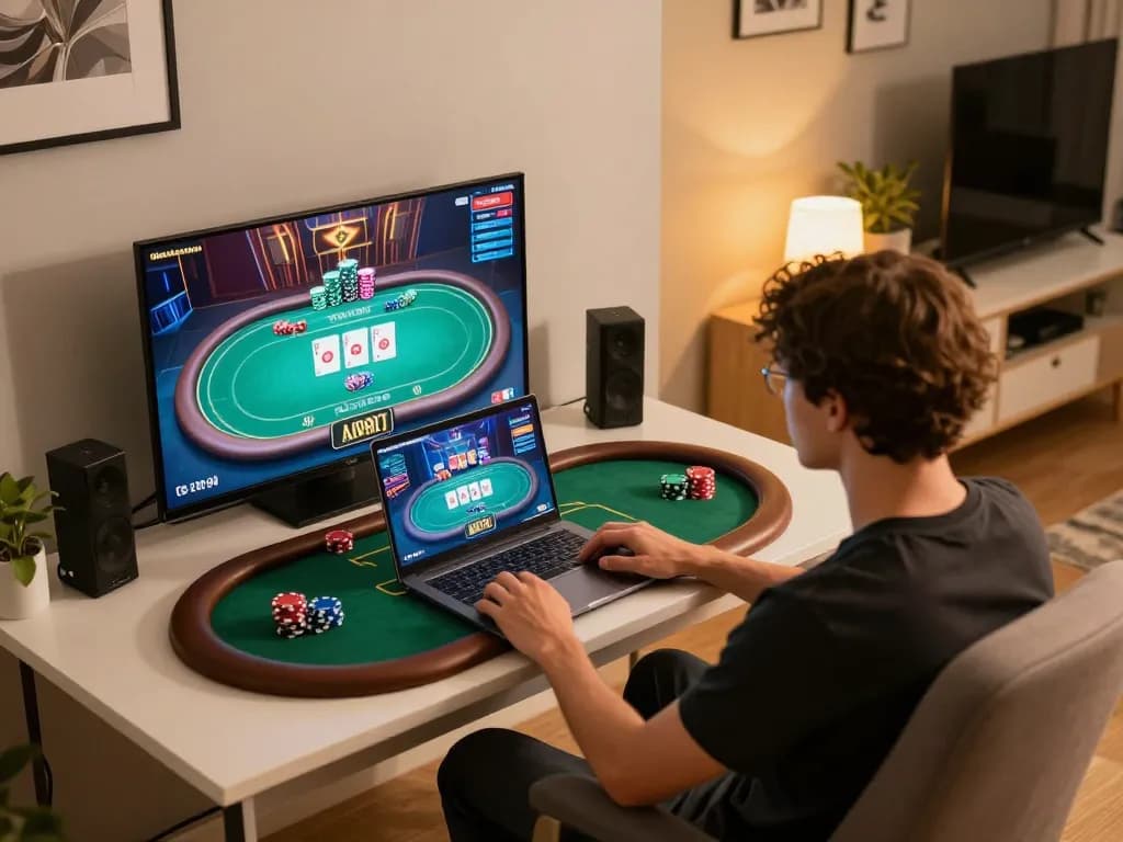 Engaging scene of player focusing on lc88 đăng nhập while enjoying online poker in a cozy home setup.