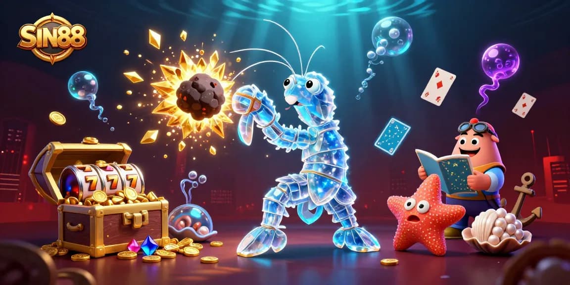 SIN88 showcases a vibrant underwater scene where a mantis shrimp and starfish celebrate wins with gold and gems.