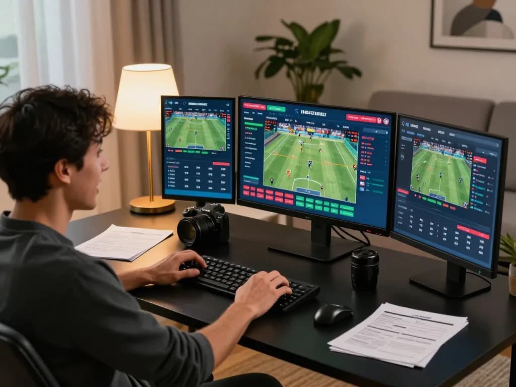 Person engaged in sports betting with various screens displaying live action in a stylish home setting - g28tv.