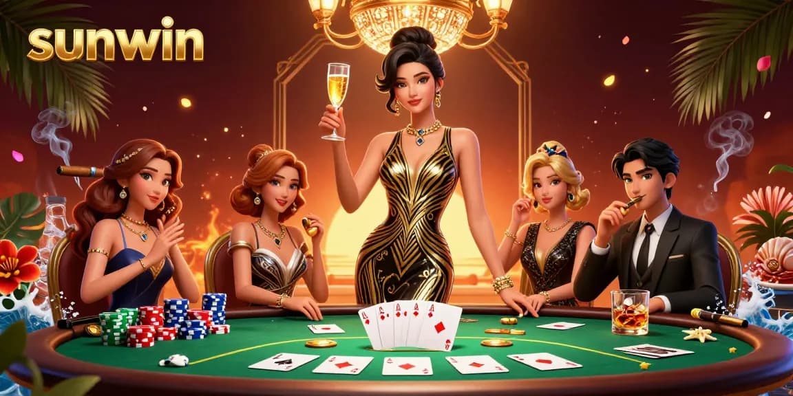 Engage with sunwin in a vibrant 3D casino scene featuring elegant Asian characters around poker elements.