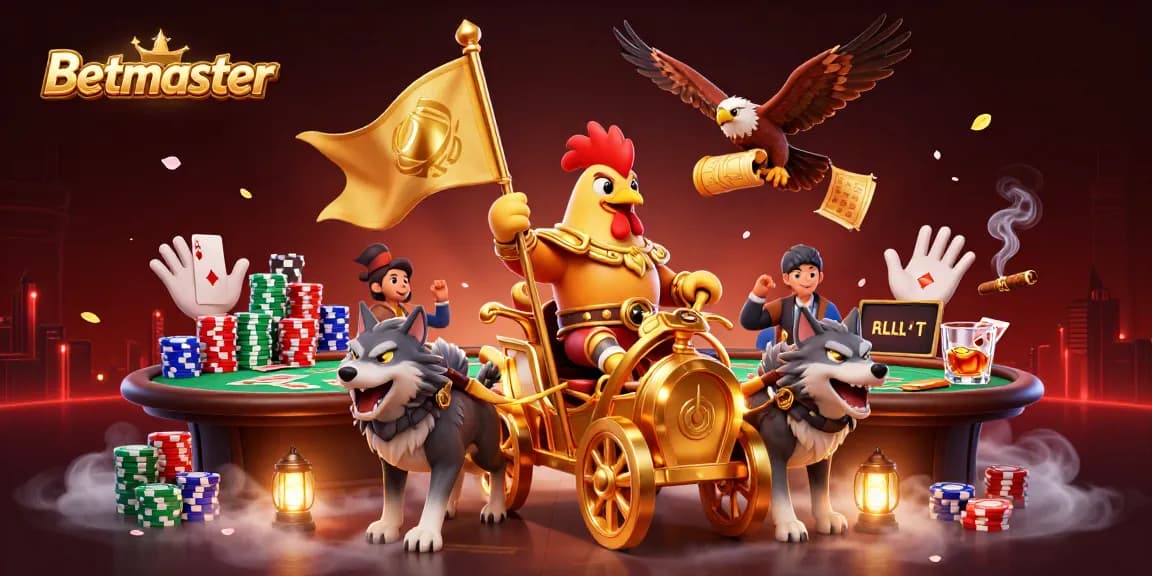 Betmaster showcases a dynamic scene with a rooster warlord and poker elements, emphasizing online gambling action.
