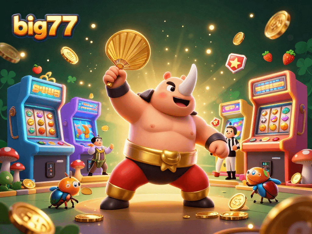 Engage with exciting big777 slot reels featuring dynamic 3D beetle champions in a vibrant casino scene!