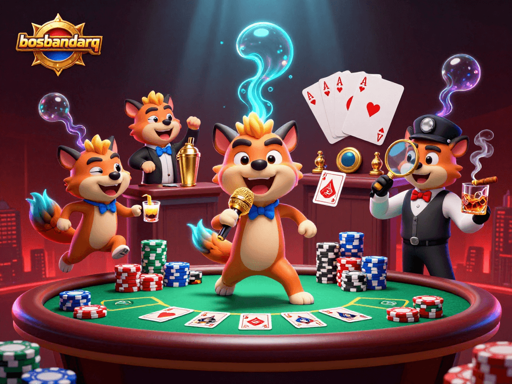 Experience the vibrant comedy casino scene at bosbandarq with hyenas enjoying poker games.