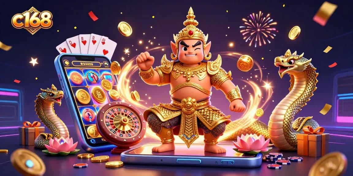 C168 presents an exciting gaming scene with cartoon characters celebrating around interactive casino games.