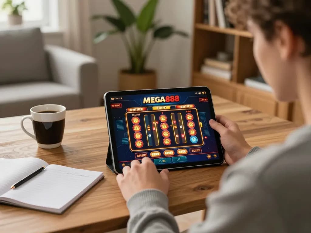 Engaging in MEGA888 online gaming from home using a tablet in a cozy room setting