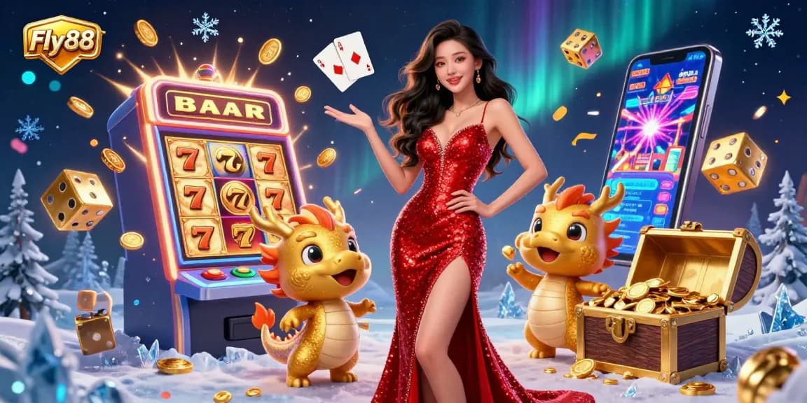 Engage with Fly88's vibrant gaming scene featuring an Asian woman, playful dragon, and a jackpot slot machine.