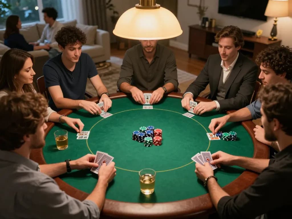 Players engaged in a friendly poker game at home with the vvvwin app, showcasing chips and cards on a vibrant table.