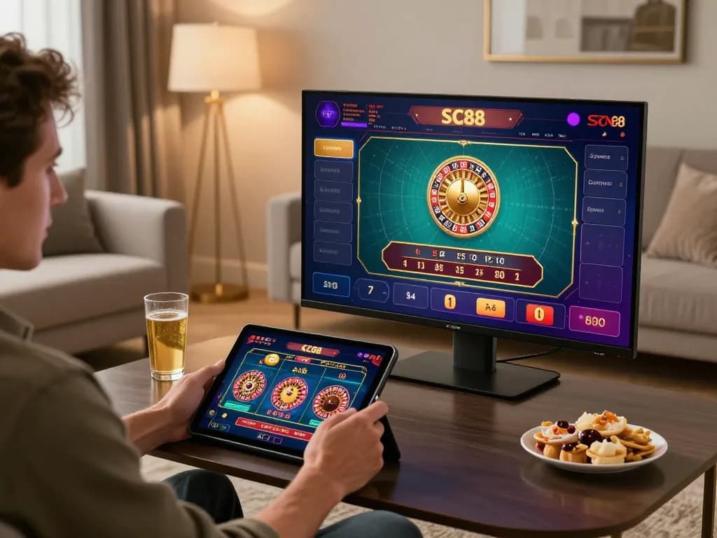 Player enjoying SC88 casino games on tablet in a chic home setting, vibrant live dealer interface displayed