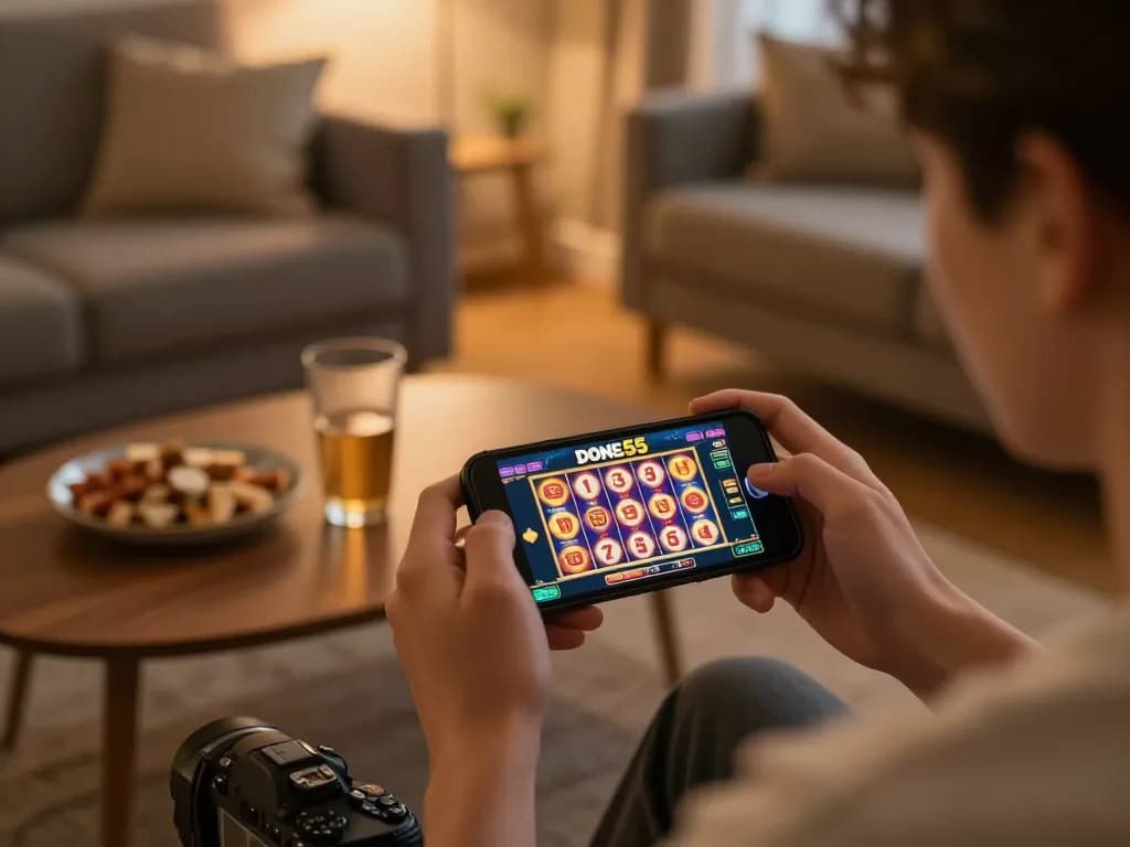 Engaging gameplay on Done55 casino app on smartphone in warm home environment